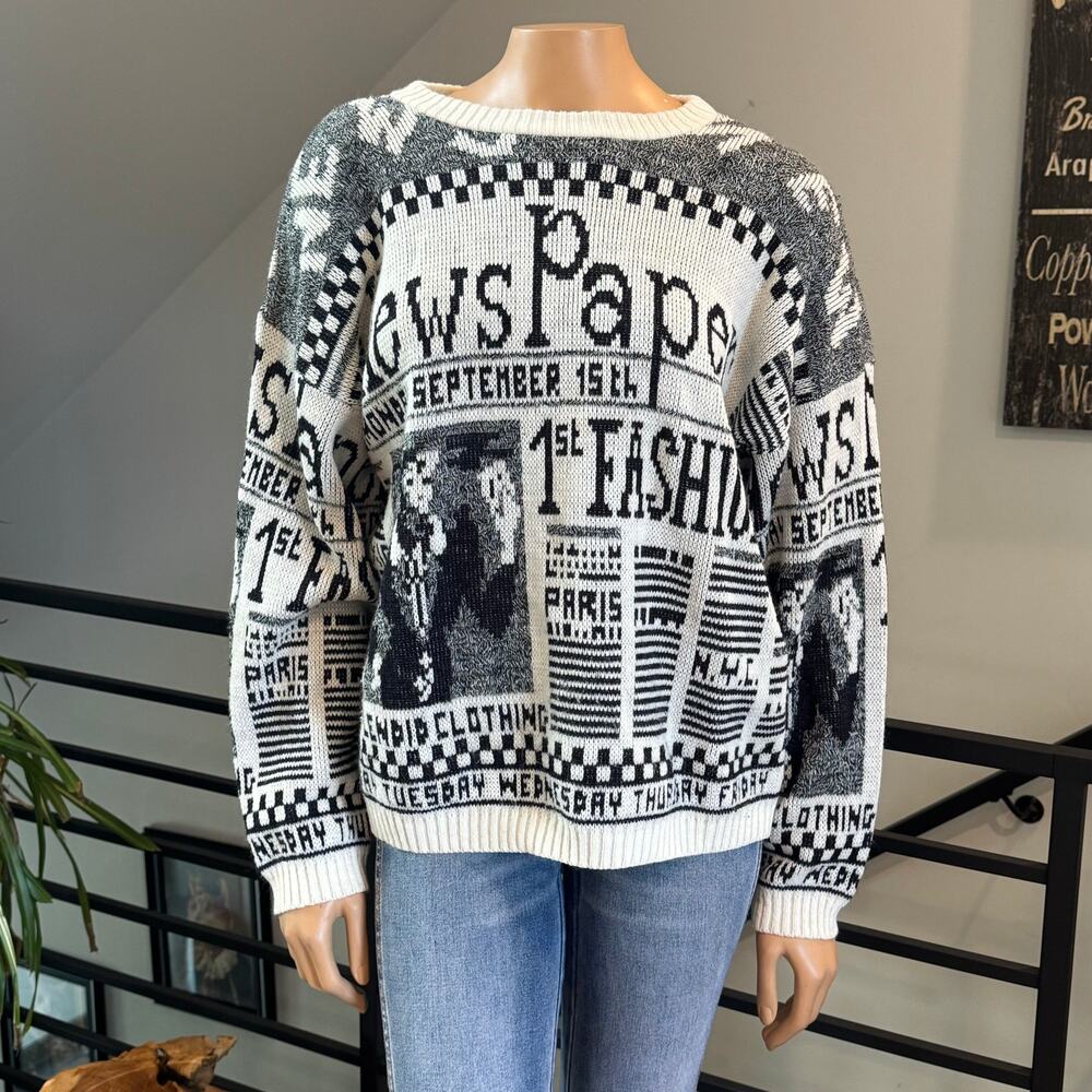Vintage 80s La Vista Newspaper Print Knit Sweater Graphic Novelty Retro USA Made